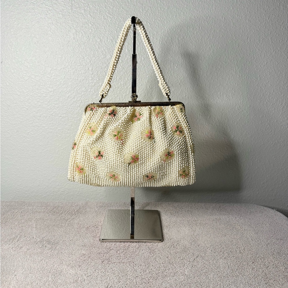 1950s–1960s. Vintage Ivory Beaded Purse Bag With Embroidered Flowers